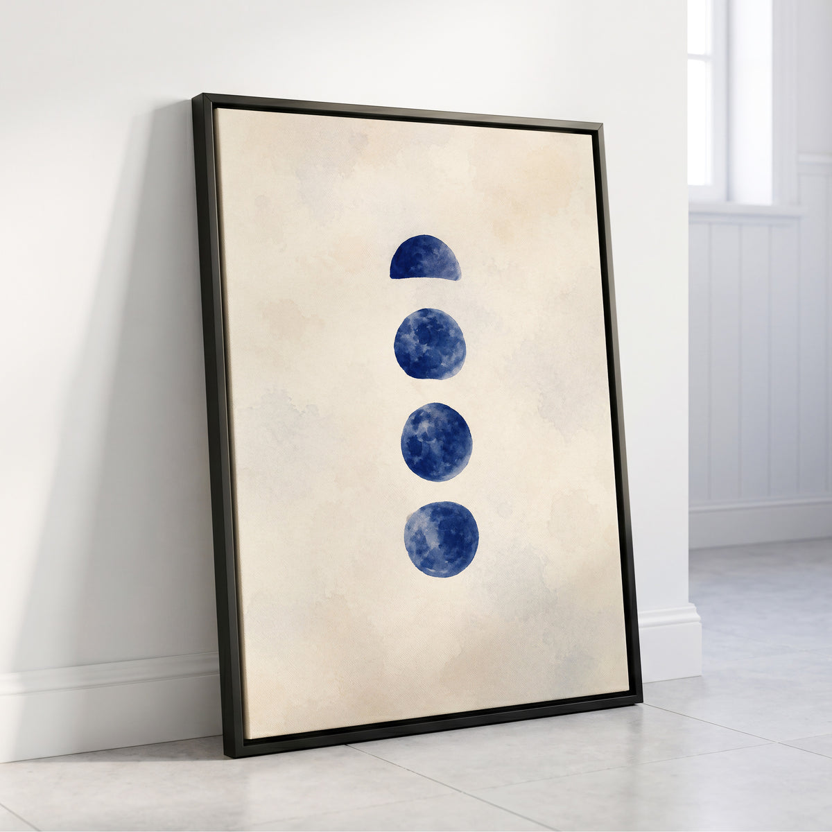 Indigo Interval, blue, beige, white minimalist wall art displayed in a styled interior, gallery view 8