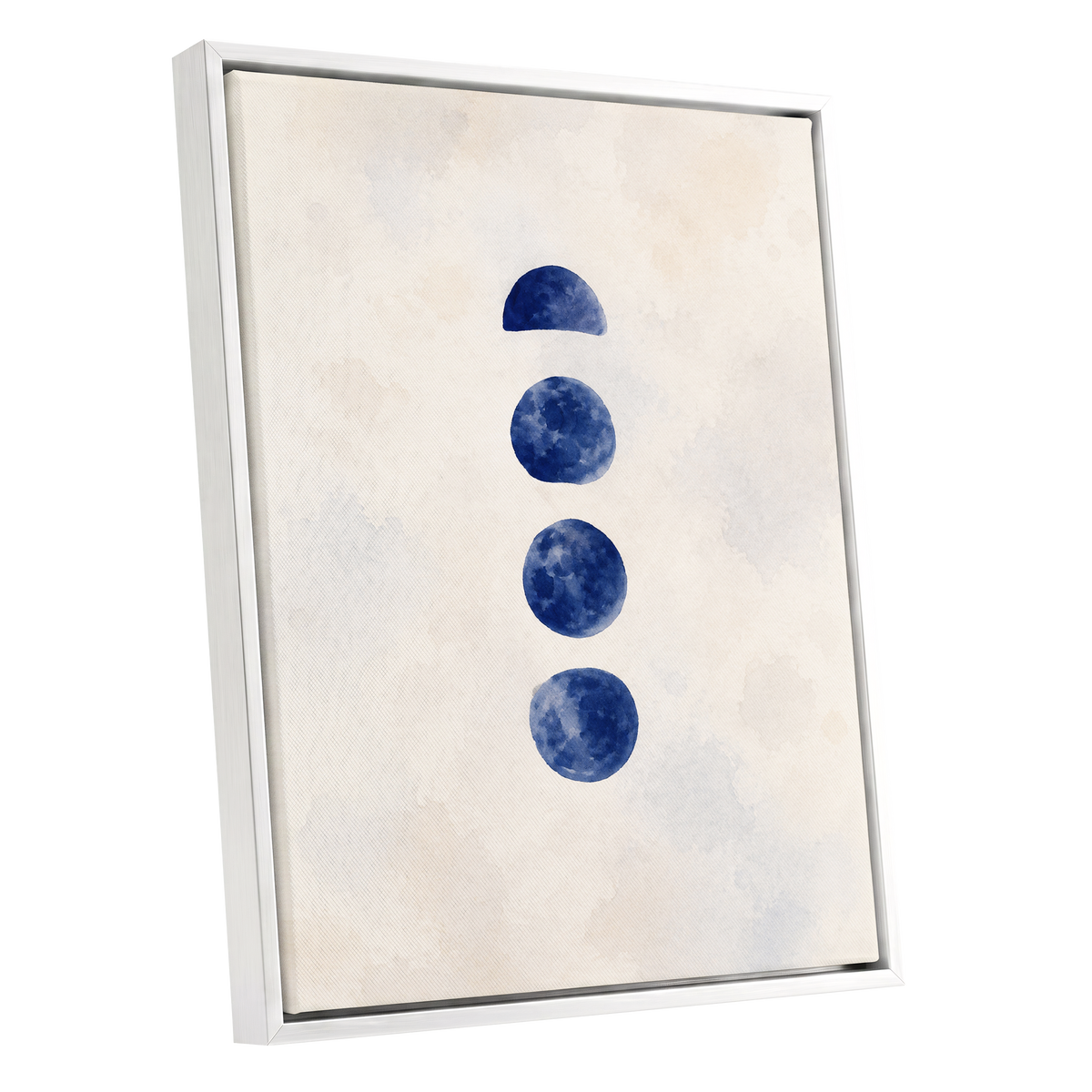 Indigo Interval, blue, beige, white minimalist wall art shown as a white framed canvas wall art
