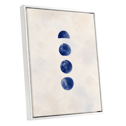 Indigo Interval, blue, beige, white minimalist wall art shown as a white framed canvas wall art