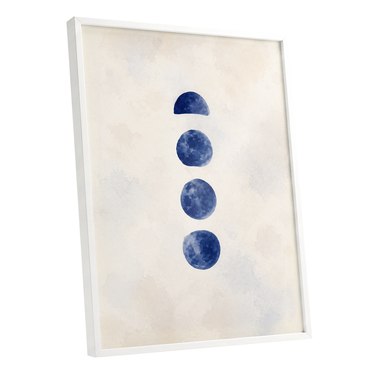Indigo Interval, blue, beige, white minimalist wall art shown as a white framed poster wall art print