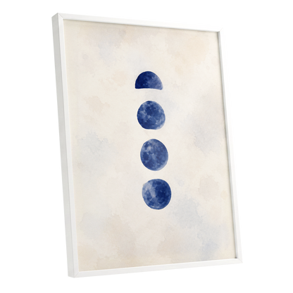 Indigo Interval, blue, beige, white minimalist wall art shown as a white framed poster wall art print