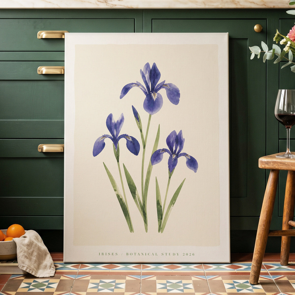 Indigo Iris Study, purple, green, beige floral wall art on canvas displayed in a styled interior, gallery view 1