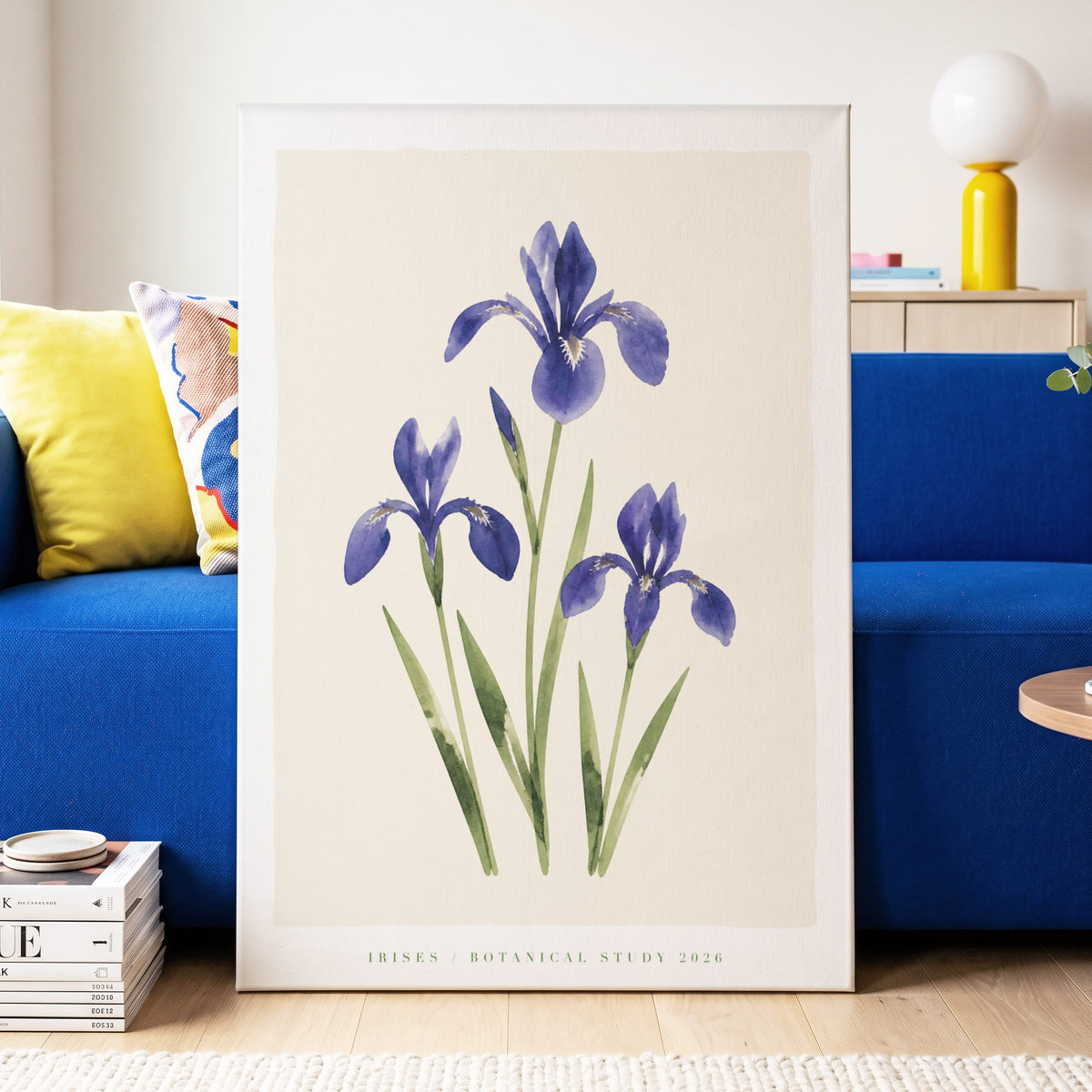Indigo Iris Study, purple, green, beige floral wall art on canvas displayed in a styled interior, gallery view 2