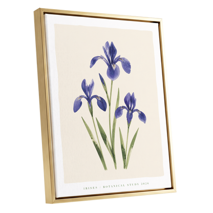 Indigo Iris Study, purple, green, beige floral wall art shown as a gold framed canvas wall art