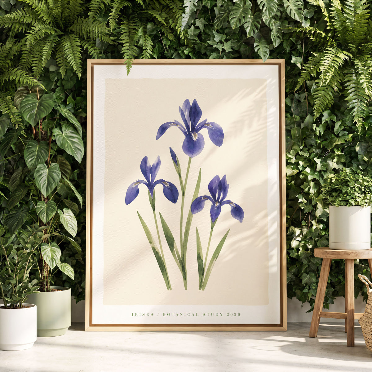 Indigo Iris Study, purple, green, beige floral wall art displayed in a styled interior, gallery view 1