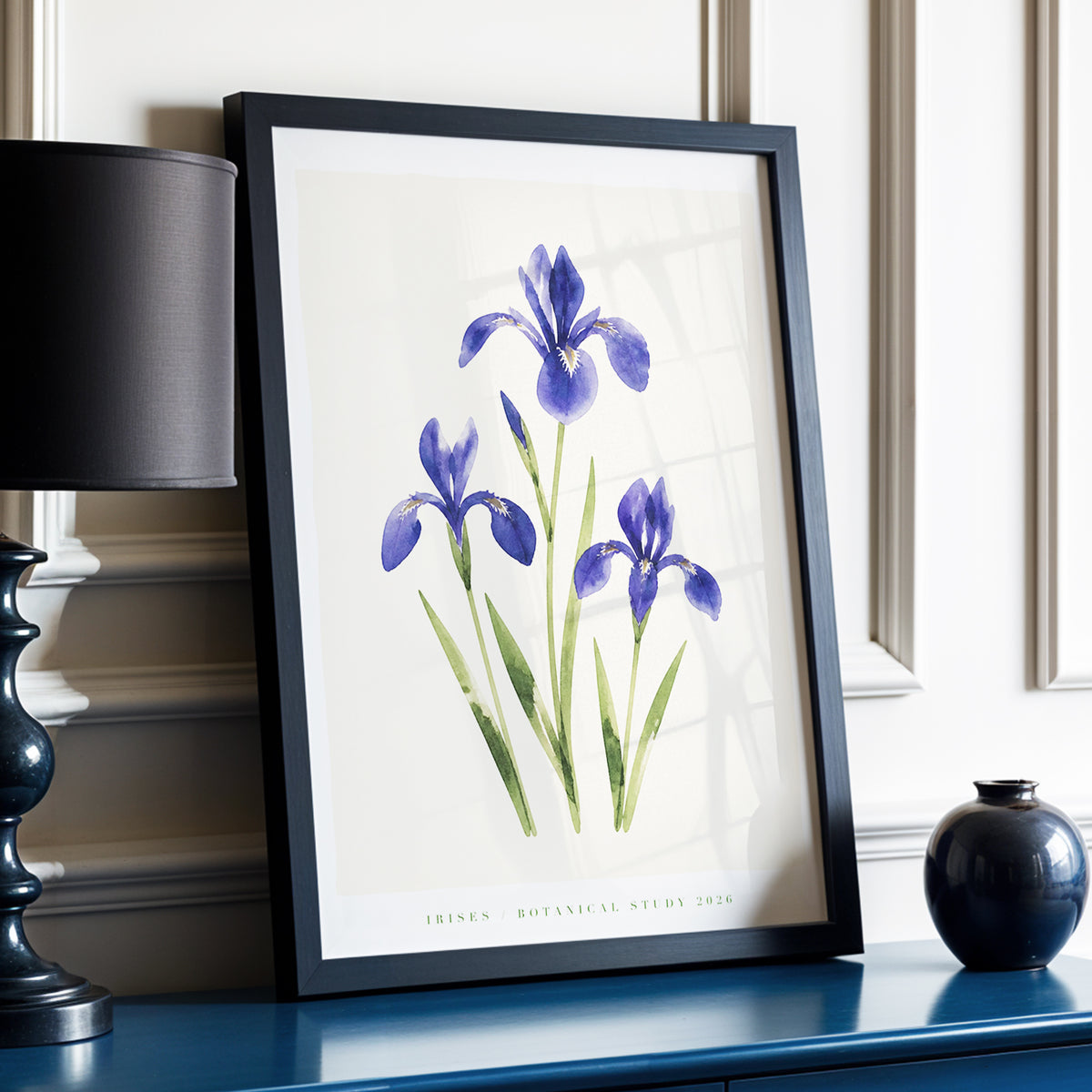 Indigo Iris Study, purple, green, beige floral wall art displayed in a styled interior, gallery view 2