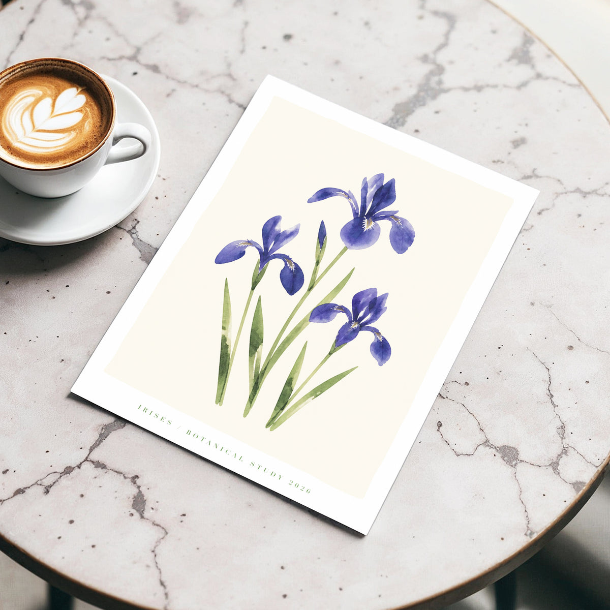 Indigo Iris Study, purple, green, beige floral wall art displayed in a styled interior, gallery view 3