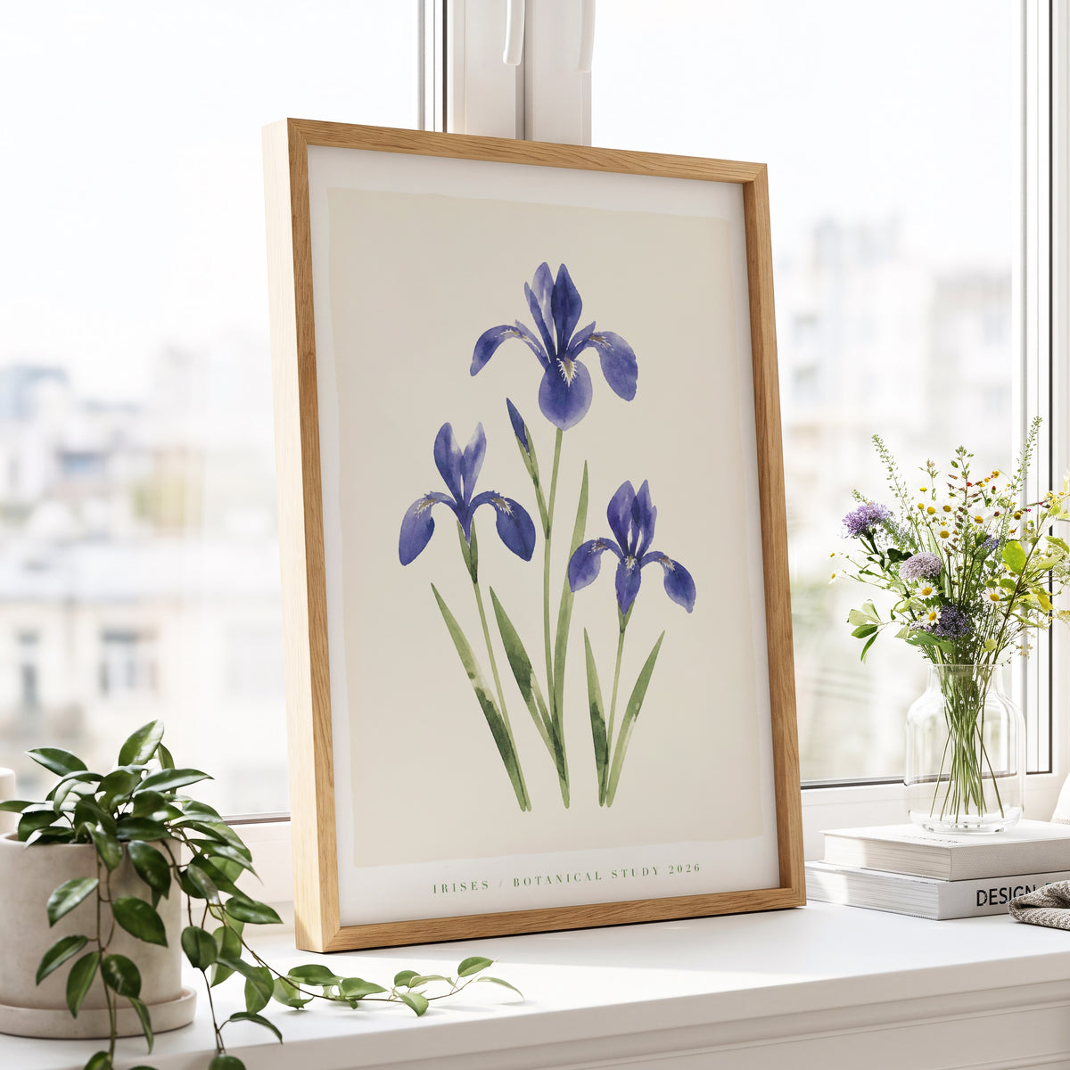 Indigo Iris Study, purple, green, beige floral wall art displayed in a styled interior, gallery view 4
