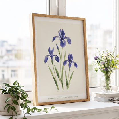Indigo Iris Study, purple, green, beige floral wall art displayed in a styled interior, gallery view 4