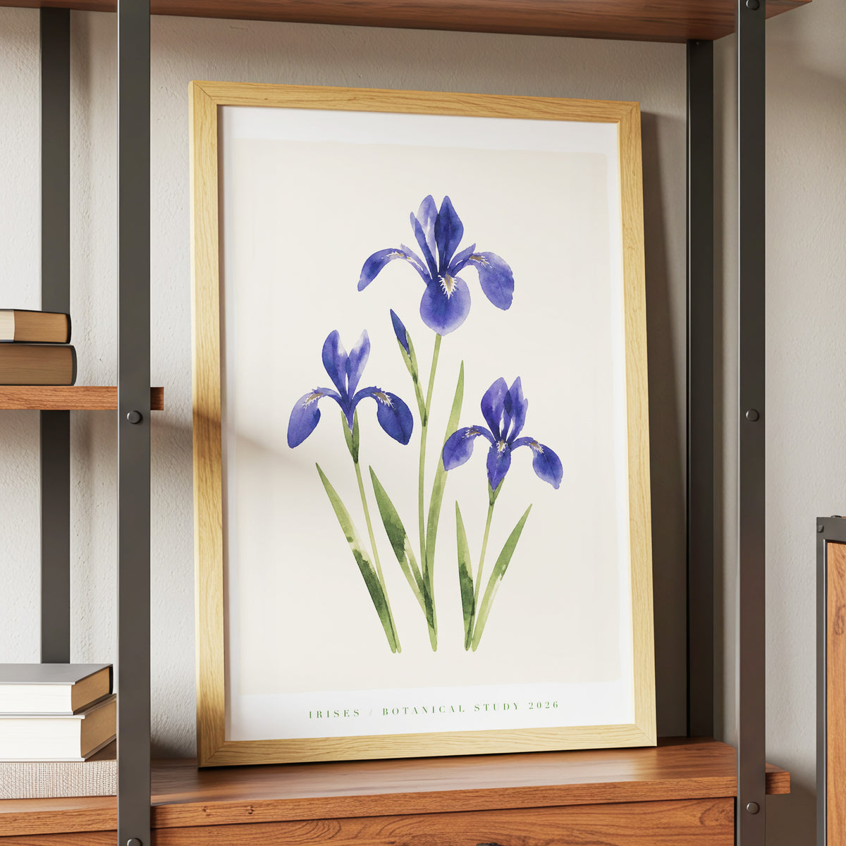 Indigo Iris Study, purple, green, beige floral wall art displayed in a styled interior, gallery view 5