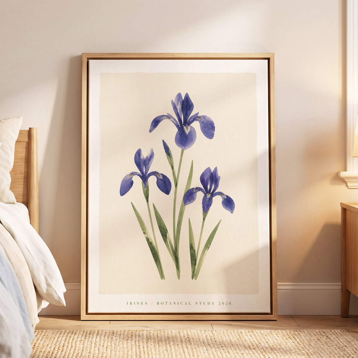 Indigo Iris Study, purple, green, beige floral wall art displayed in a styled interior, gallery view 6