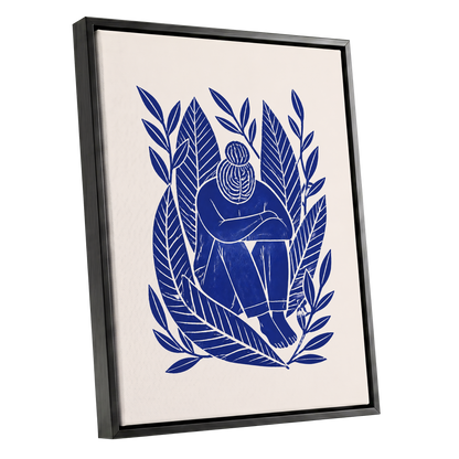 Indigo Leaf Embrace, blue, beige, white nature wall art shown as a black framed canvas wall art