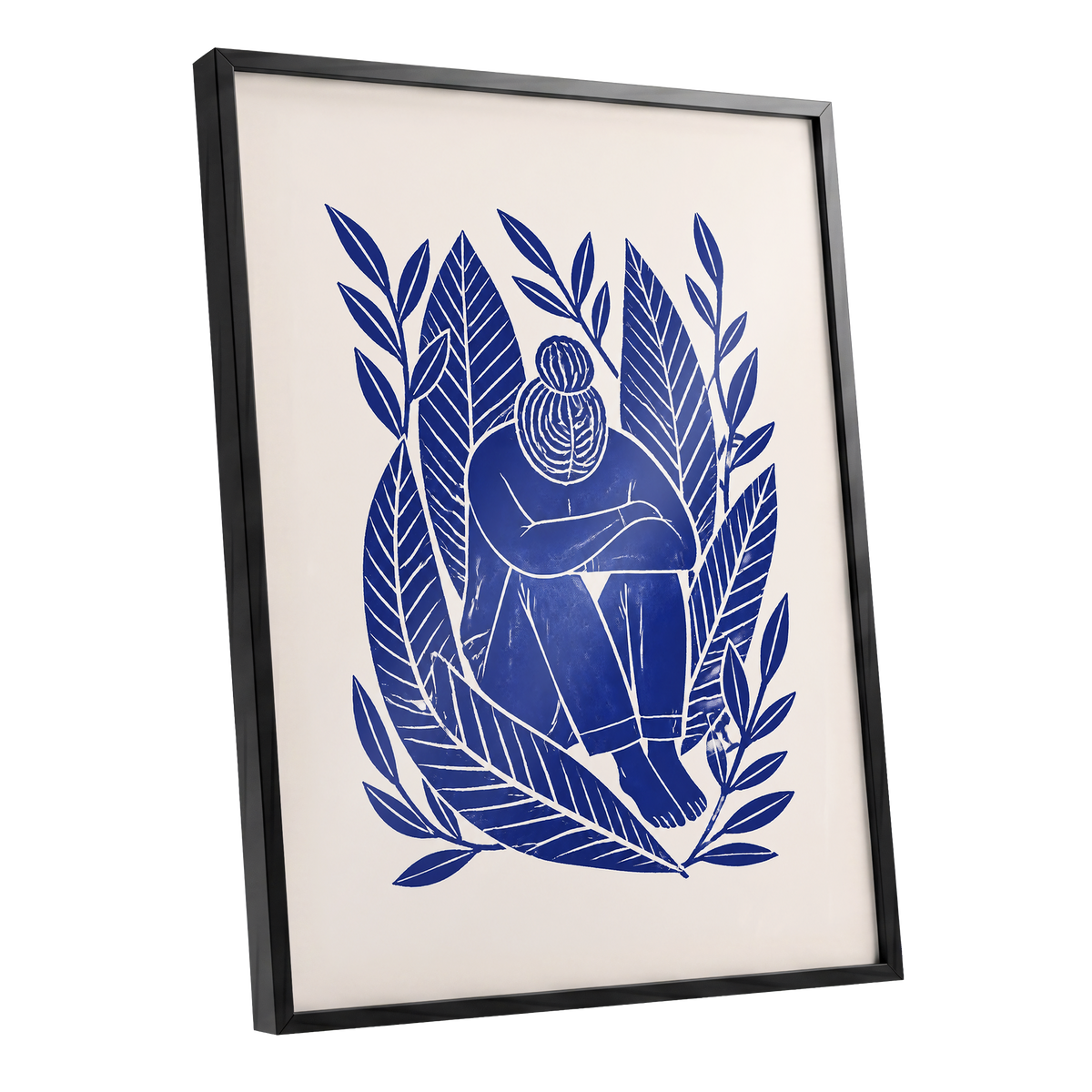 Indigo Leaf Embrace, blue, beige, white nature wall art shown as a black framed poster wall art print