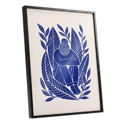 Indigo Leaf Embrace, blue, beige, white nature wall art shown as a black framed poster wall art print