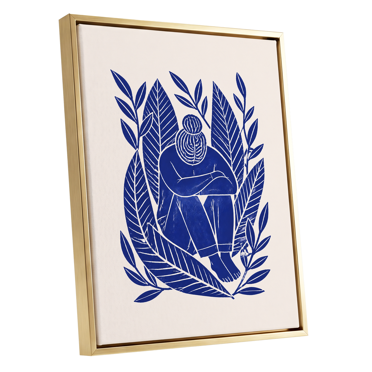 Indigo Leaf Embrace, blue, beige, white nature wall art shown as a gold framed canvas wall art