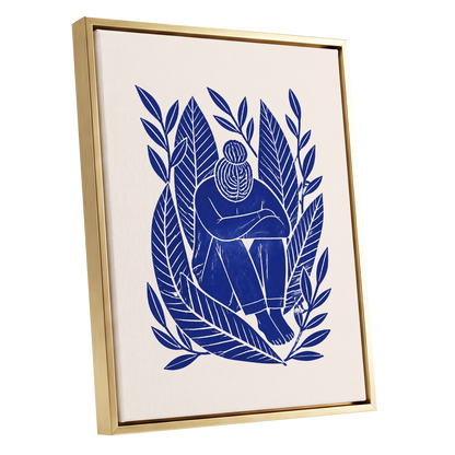 Indigo Leaf Embrace, blue, beige, white nature wall art shown as a gold framed canvas wall art