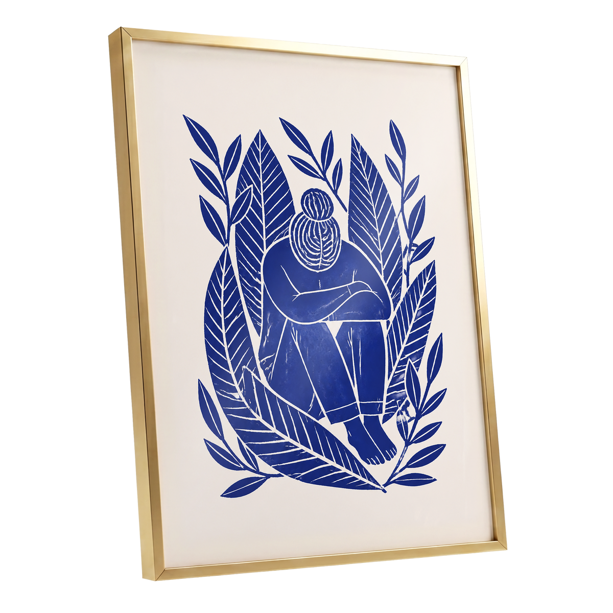 Indigo Leaf Embrace, blue, beige, white nature wall art shown as a gold framed poster wall art print