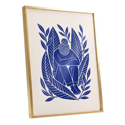 Indigo Leaf Embrace, blue, beige, white nature wall art shown as a gold framed poster wall art print