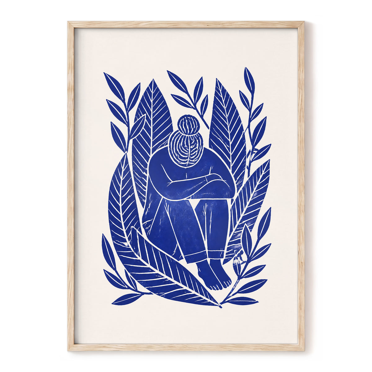 Indigo Leaf Embrace, blue, beige, white nature wall art, front artwork view
