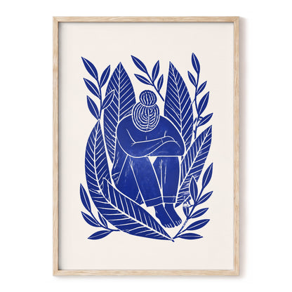 Indigo Leaf Embrace, blue, beige, white nature wall art, front artwork view