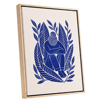 Indigo Leaf Embrace, blue, beige, white nature wall art shown as a oak framed canvas wall art