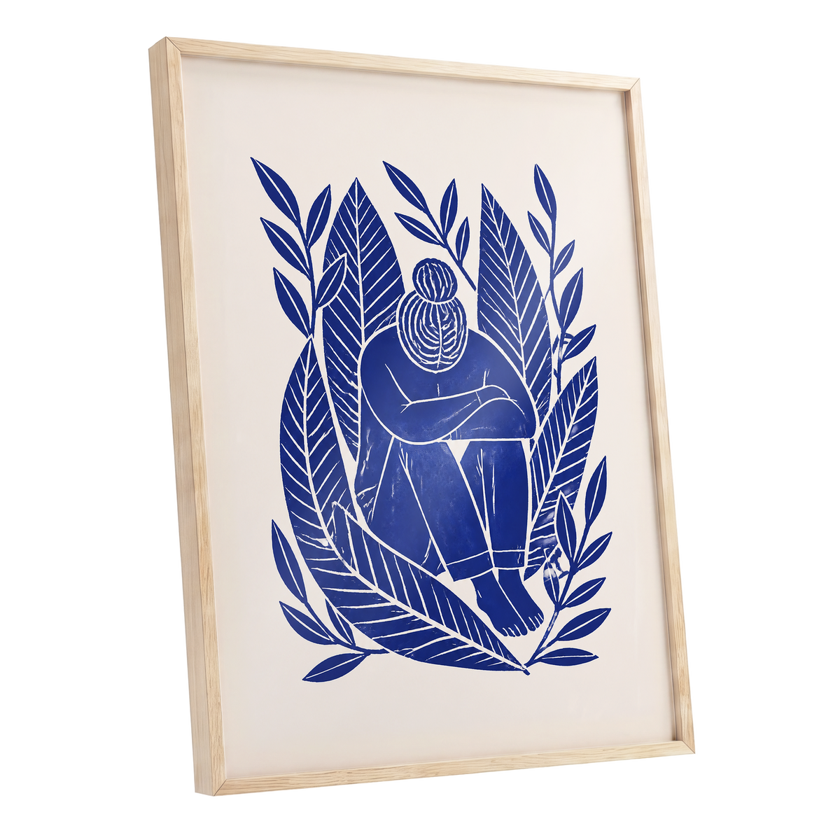 Indigo Leaf Embrace, blue, beige, white nature wall art shown as a oak framed poster wall art print