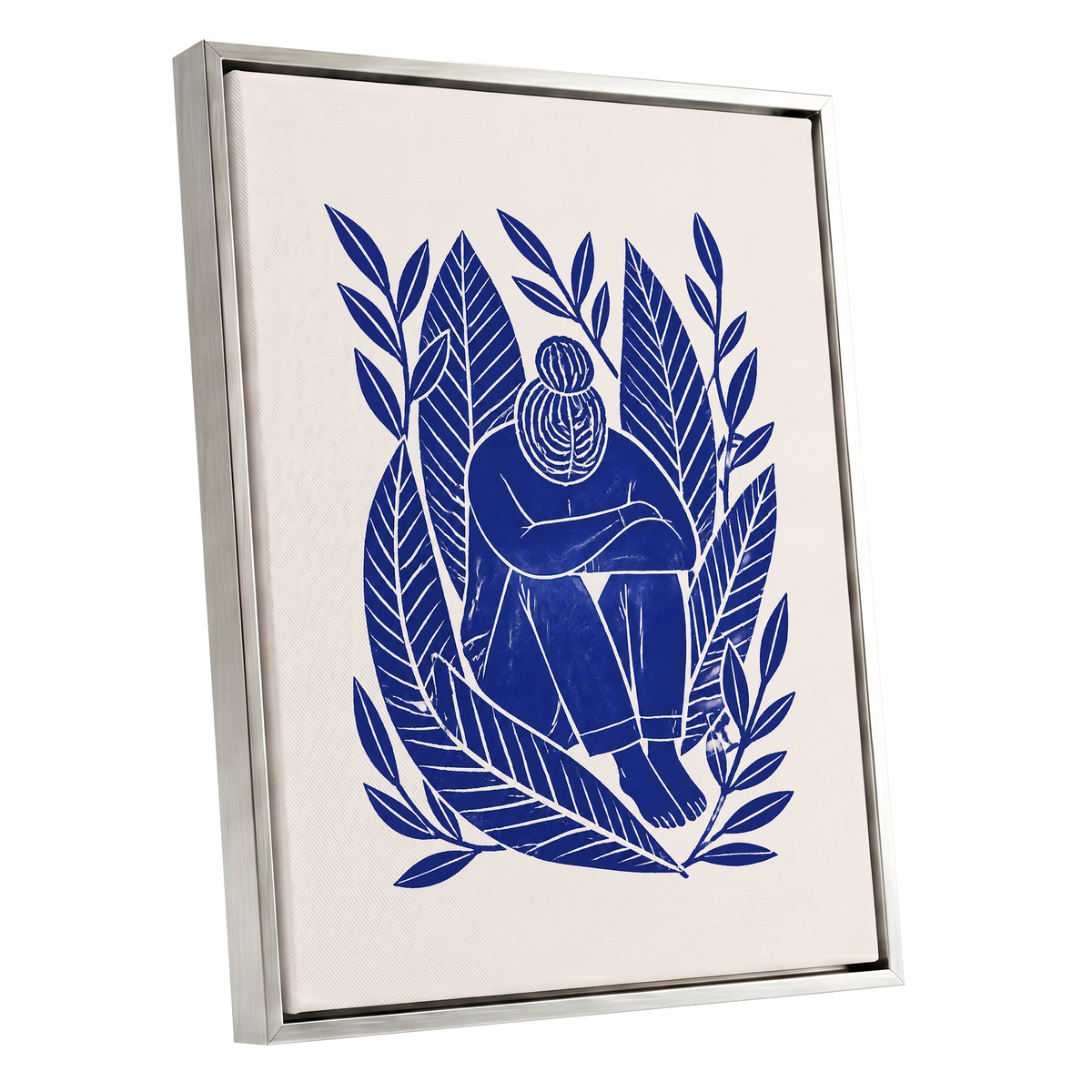 Indigo Leaf Embrace, blue, beige, white nature wall art shown as a silver framed canvas wall art