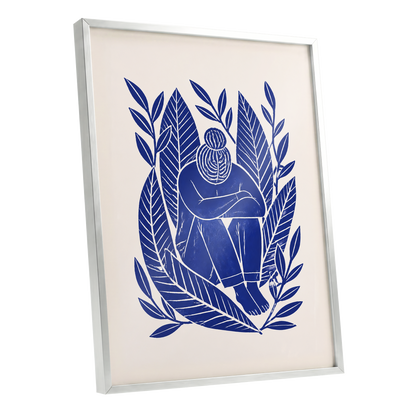 Indigo Leaf Embrace, blue, beige, white nature wall art shown as a silver framed poster wall art print