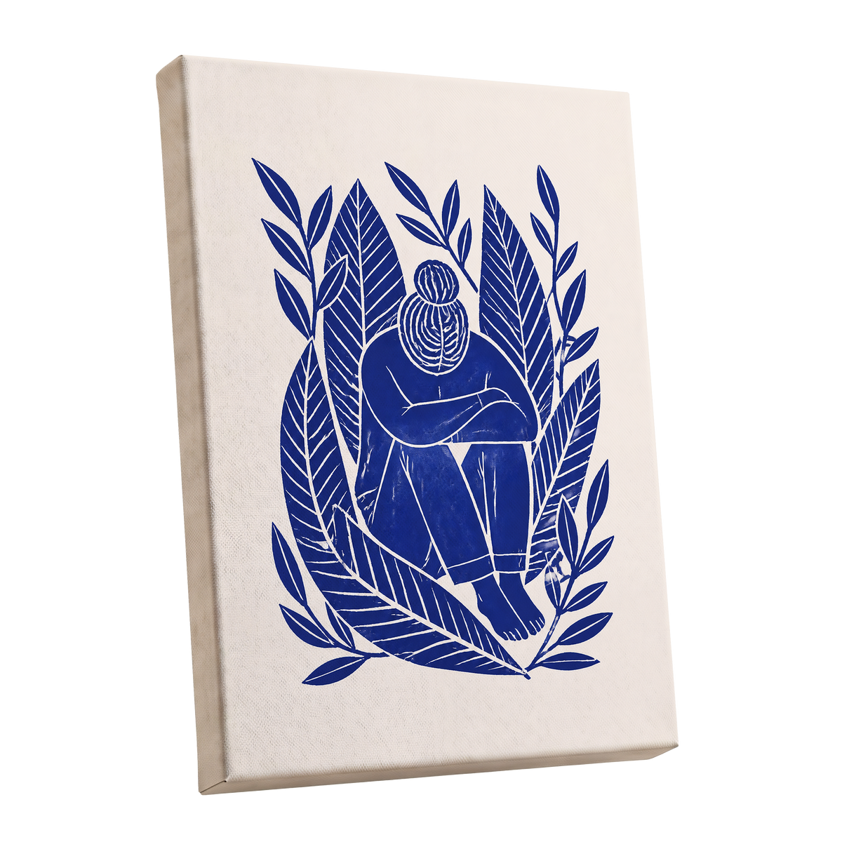 Indigo Leaf Embrace, blue, beige, white nature wall art shown as a stretched canvas wall art