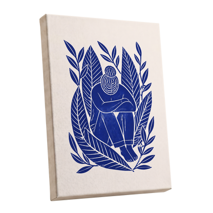 Indigo Leaf Embrace, blue, beige, white nature wall art shown as a stretched canvas wall art
