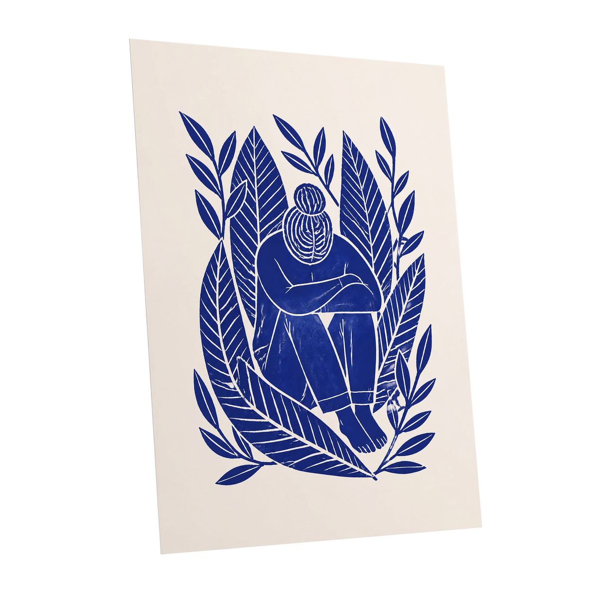 Indigo Leaf Embrace, blue, beige, white nature wall art shown as a unframed poster wall art print