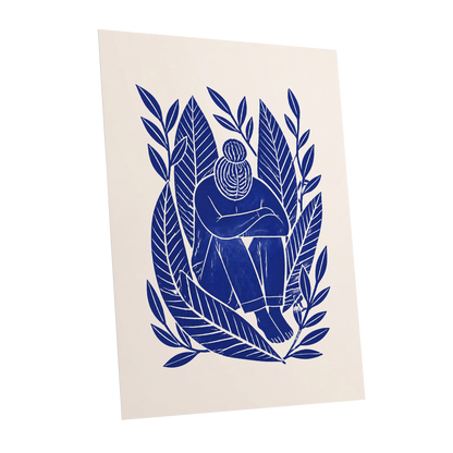 Indigo Leaf Embrace, blue, beige, white nature wall art shown as a unframed poster wall art print