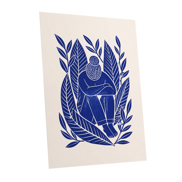 Indigo Leaf Embrace, blue, beige, white nature wall art shown as a unframed poster wall art print