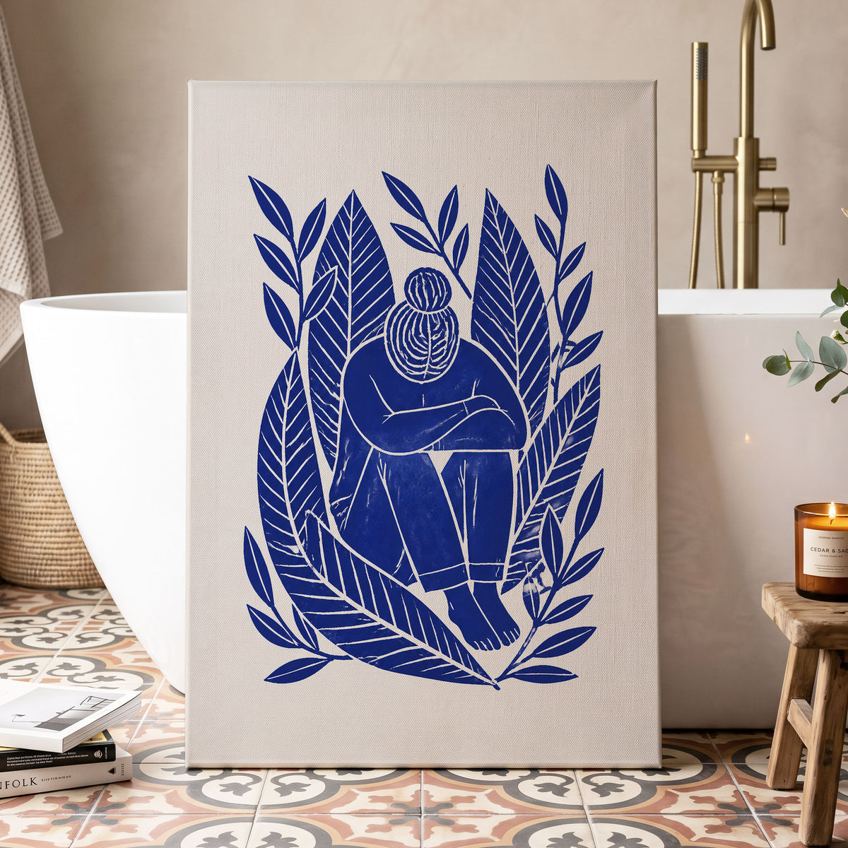 Indigo Leaf Embrace, blue, beige, white nature wall art displayed in a styled interior, gallery view 3
