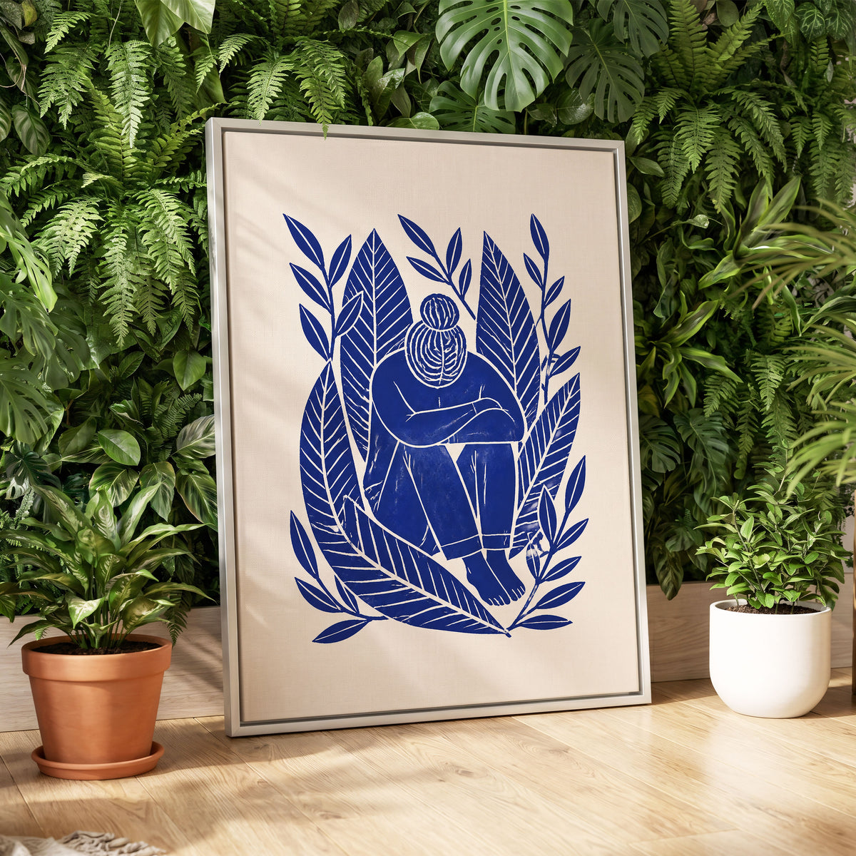 Indigo Leaf Embrace, blue, beige, white nature wall art displayed in a styled interior, gallery view 4