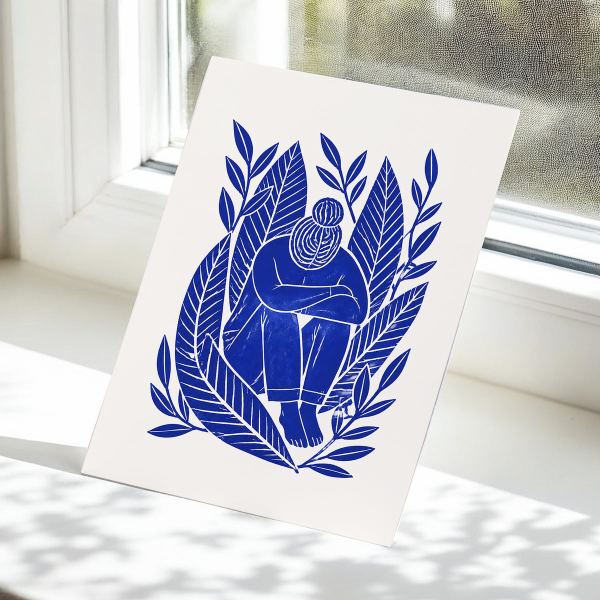 Indigo Leaf Embrace, blue, beige, white nature wall art displayed in a styled interior, gallery view 5
