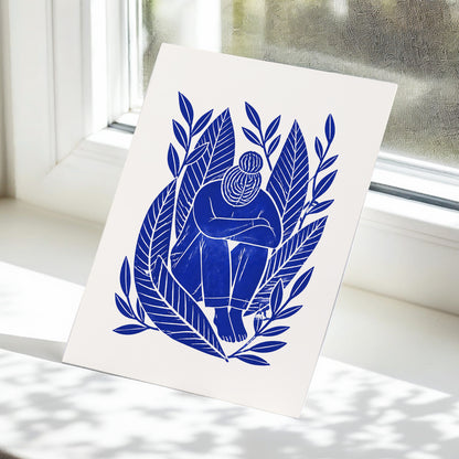 Indigo Leaf Embrace, blue, beige, white nature wall art displayed in a styled interior, gallery view 5