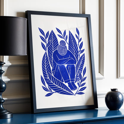 Indigo Leaf Embrace, blue, beige, white nature wall art displayed in a styled interior, gallery view 6
