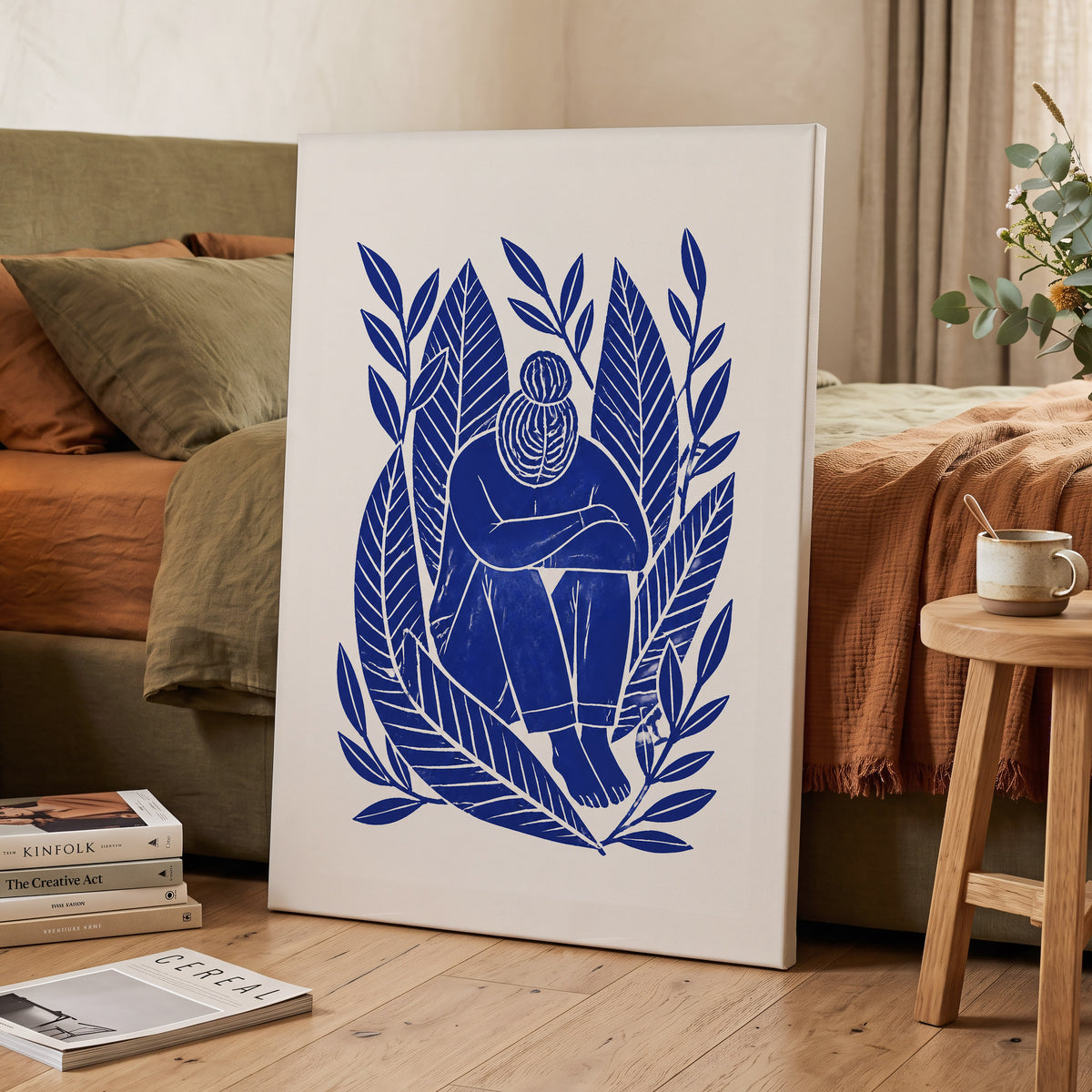 Indigo Leaf Embrace, blue, beige, white nature wall art displayed in a styled interior, gallery view 7
