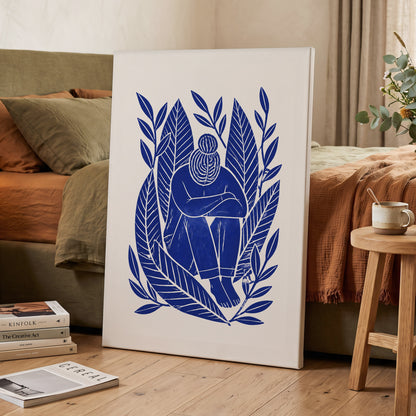 Indigo Leaf Embrace, blue, beige, white nature wall art displayed in a styled interior, gallery view 7