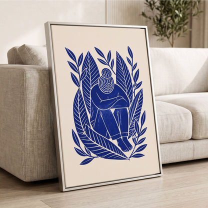 Indigo Leaf Embrace, blue, beige, white nature wall art displayed in a styled interior, gallery view 8