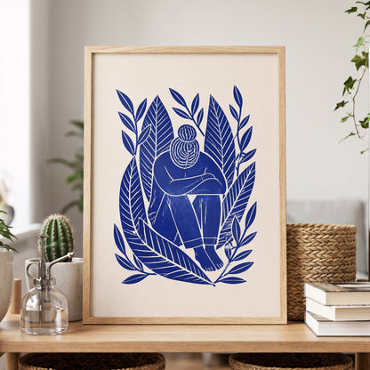 Indigo Leaf Embrace, blue, beige, white nature wall art displayed in a styled interior, gallery view 9