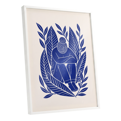Indigo Leaf Embrace, blue, beige, white nature wall art shown as a white framed poster wall art print