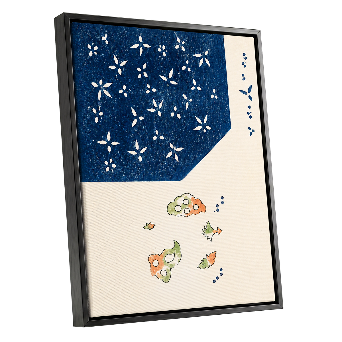 Indigo Petal Dance, blue, beige, green floral wall art shown as a black framed canvas wall art