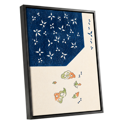Indigo Petal Dance, blue, beige, green floral wall art shown as a black framed canvas wall art