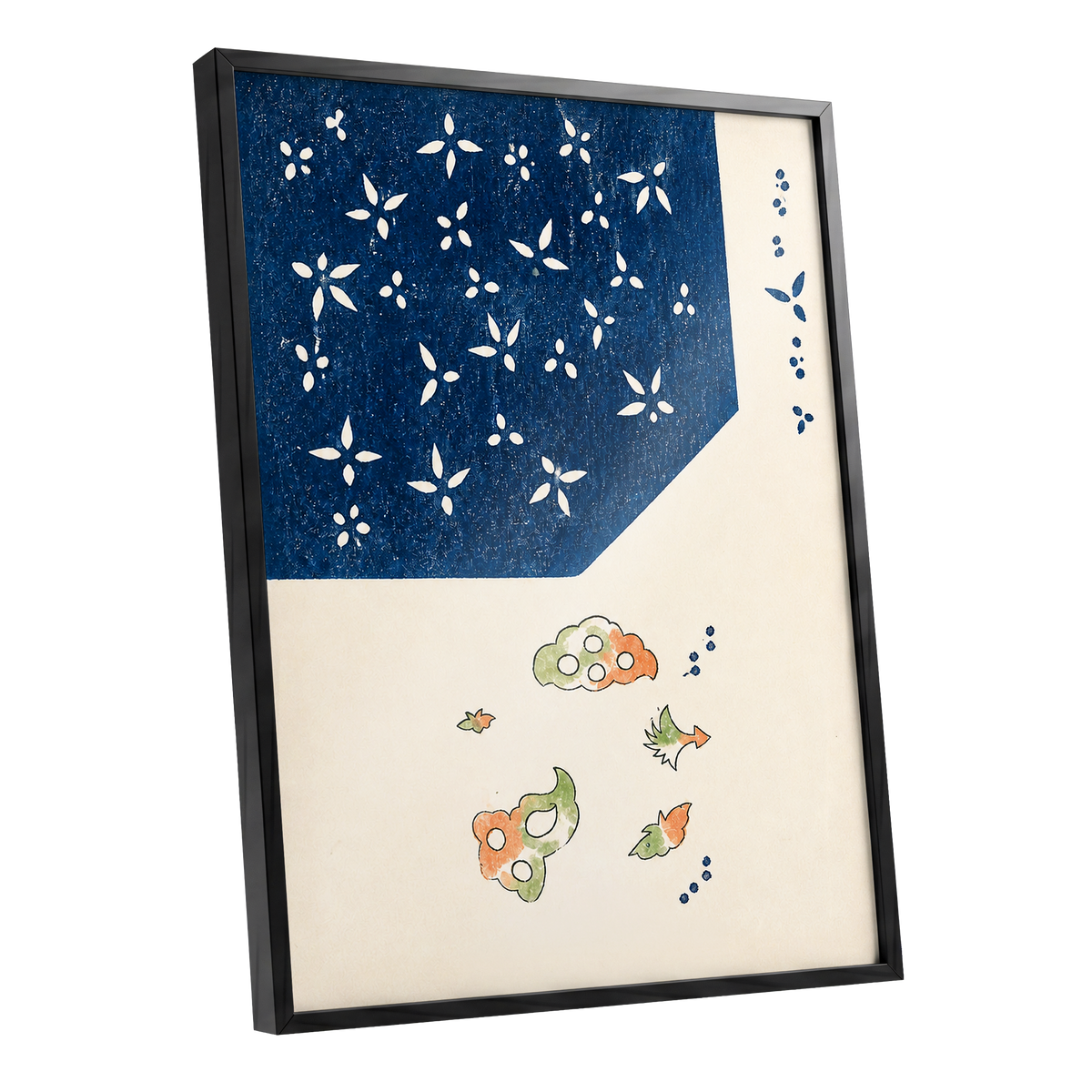 Indigo Petal Dance, blue, beige, green floral wall art shown as a black framed poster wall art print