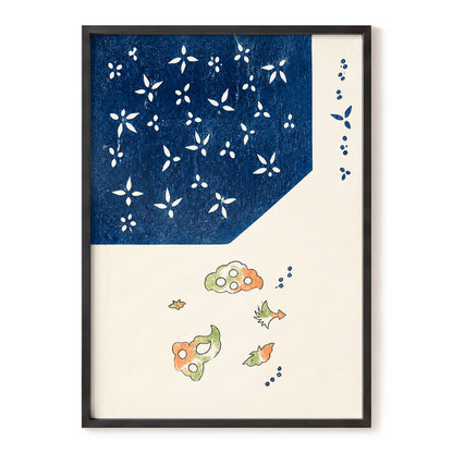 Indigo Petal Dance, blue, beige, green floral wall art, front artwork view
