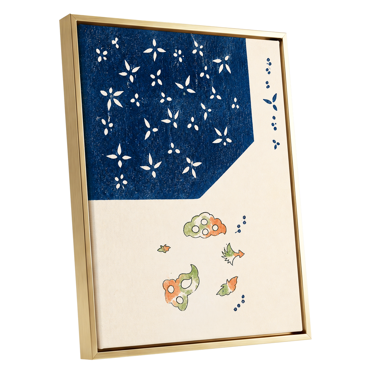 Indigo Petal Dance, blue, beige, green floral wall art shown as a gold framed canvas wall art