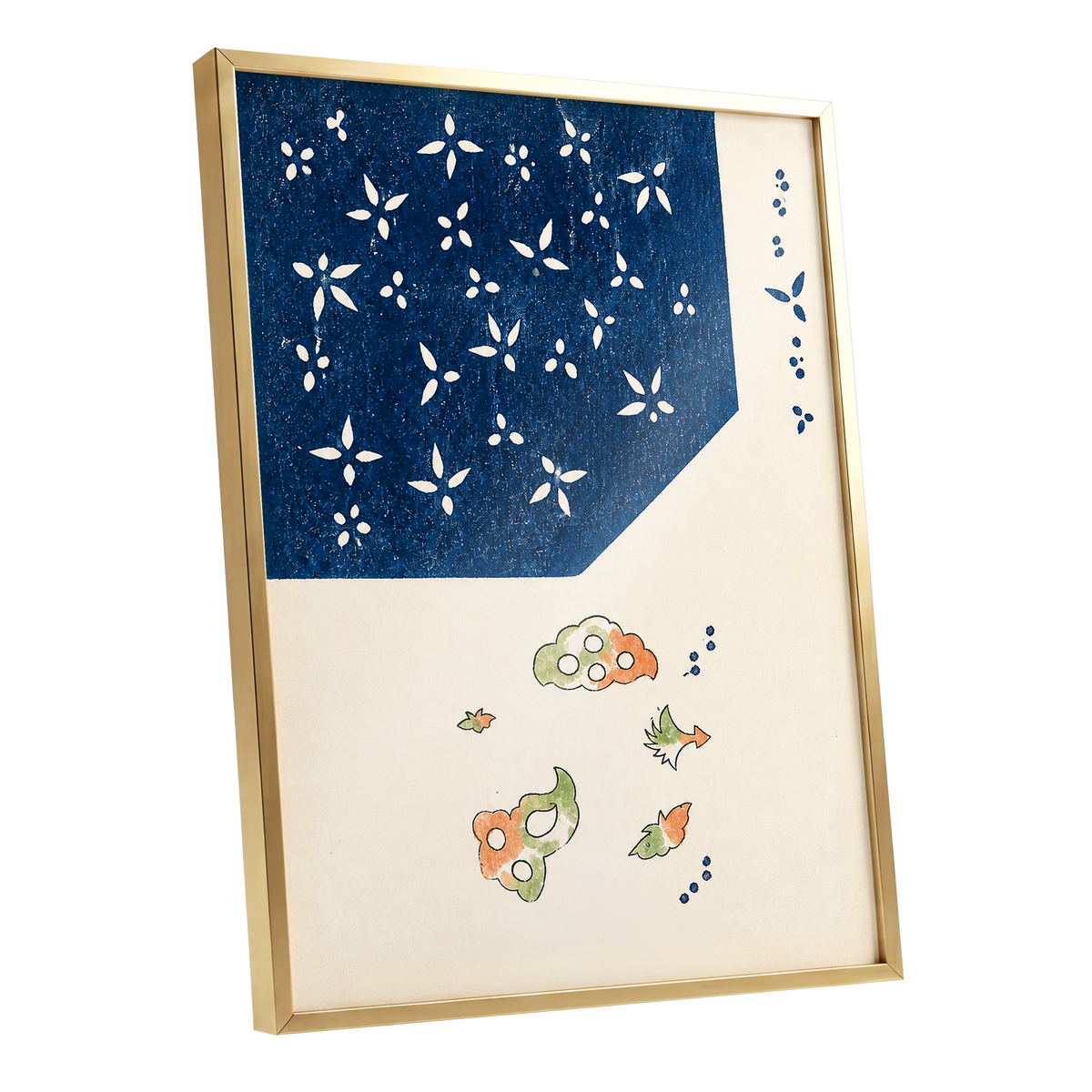 Indigo Petal Dance, blue, beige, green floral wall art shown as a gold framed poster wall art print
