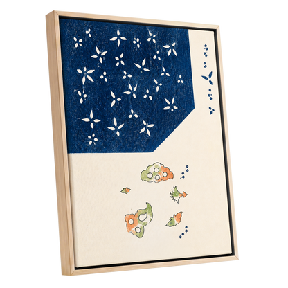 Indigo Petal Dance, blue, beige, green floral wall art shown as a oak framed canvas wall art